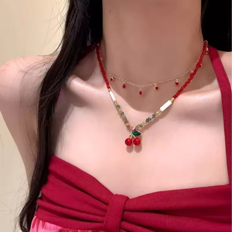 NEW Yhpup Red Enamel Fruit Cherry Pendant Necklace Stainless Steel Double-Layer Chain Stacking Fashion Trendy Sweet Jewelry