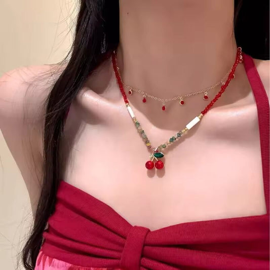 NEW Yhpup Red Enamel Fruit Cherry Pendant Necklace Stainless Steel Double-Layer Chain Stacking Fashion Trendy Sweet Jewelry