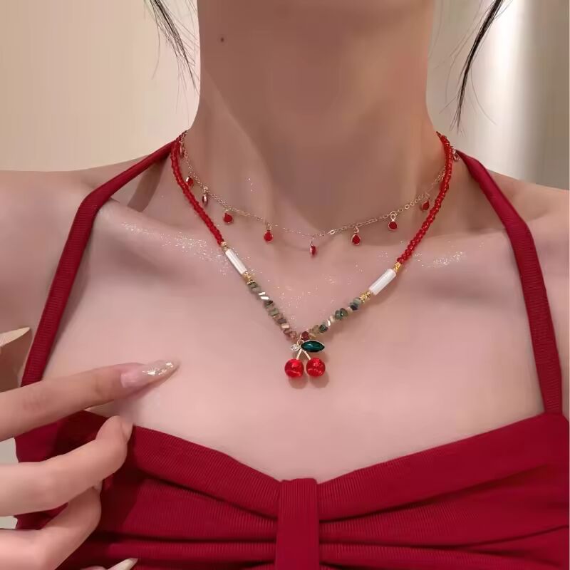 NEW Yhpup Red Enamel Fruit Cherry Pendant Necklace Stainless Steel Double-Layer Chain Stacking Fashion Trendy Sweet Jewelry